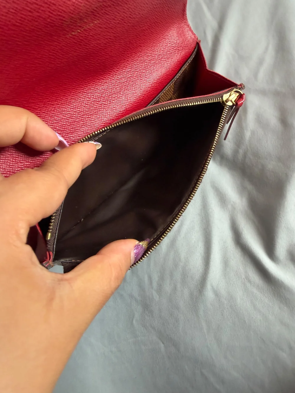 Louis Vuitton Brown Damier Check Long Wallet with Red Snap